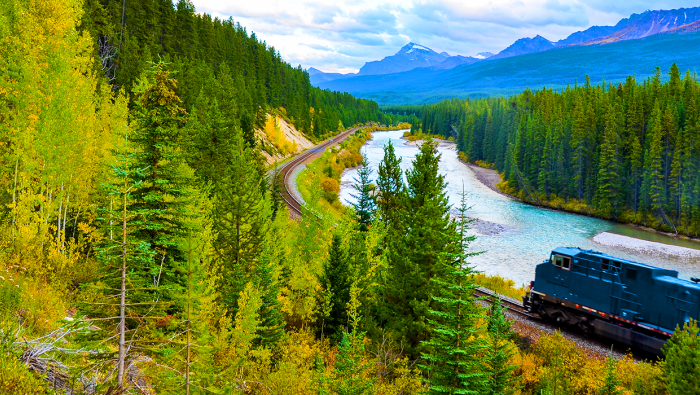 Locomotive in the forest and mountains